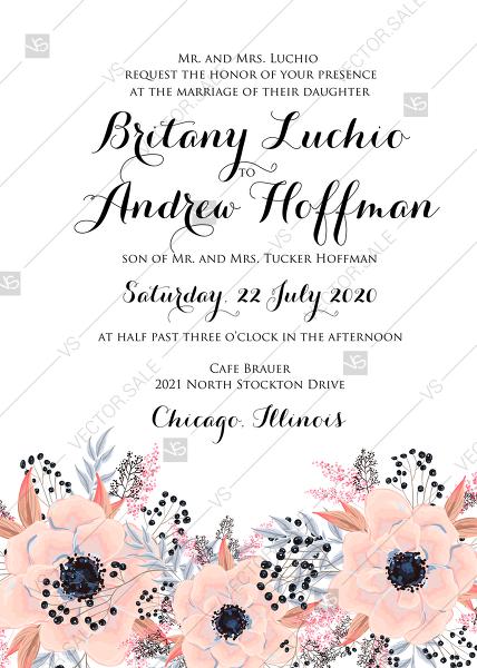 Hochzeit - Anemone wedding invitation card printable template blush pink watercolor flower PDF 5x7 in