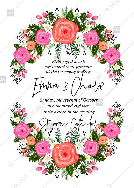 زفاف - Rose wreath wedding invitation card printable template PDF template 5x7 in PDF maker