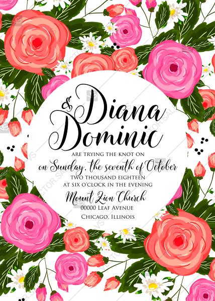 Hochzeit - Rose wedding invitation card printable template PDF template 5x7 in PDF download