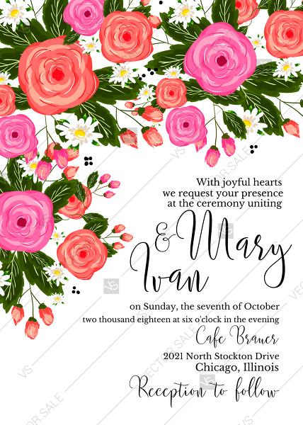 Mariage - Rose wedding invitation card printable template PDF template 5x7 in customizable template
