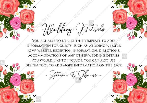Mariage - Rose wedding details card printable template PDF template 5x3.5 in instant maker