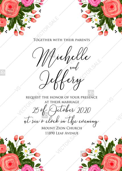 Mariage - Rose wedding invitation set card printable template PDF template 5x7 in customizable template
