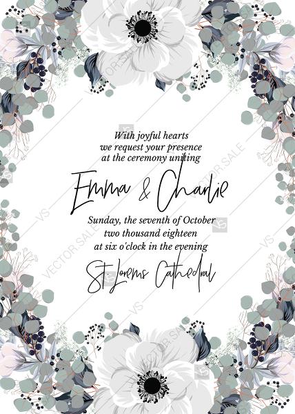 Hochzeit - Wedding invitation set white anemone flower card template PDF 5x7 in invitation editor