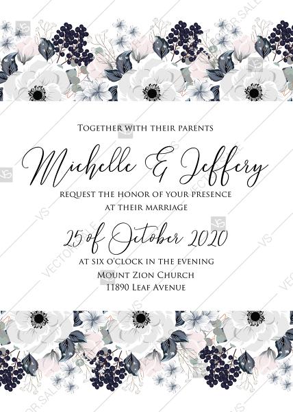 Mariage - Wedding invitation set white anemone flower card template PDF 5x7 in invitation maker