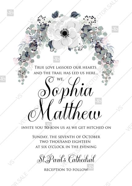 زفاف - Wedding invitation set white anemone flower card template PDF 5x7 in edit template