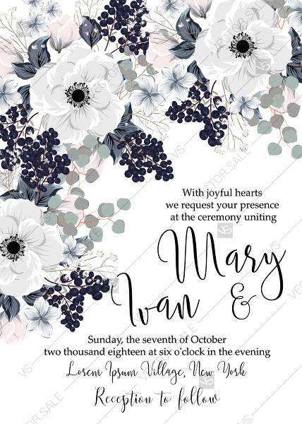 Hochzeit - Wedding invitation set white anemone flower card template PDF 5x7 in instant maker