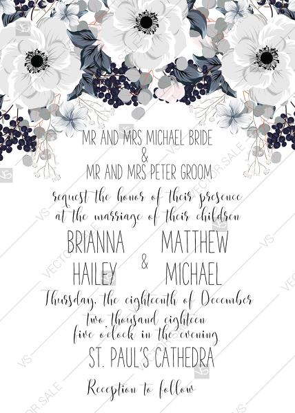 زفاف - Wedding invitation set white anemone flower card template PDF 5x7 in PDF template