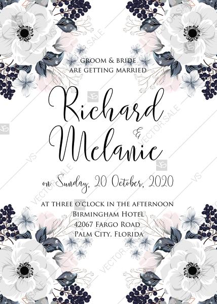 Mariage - Wedding invitation set white anemone flower card template PDF 5x7 in invitation editor
