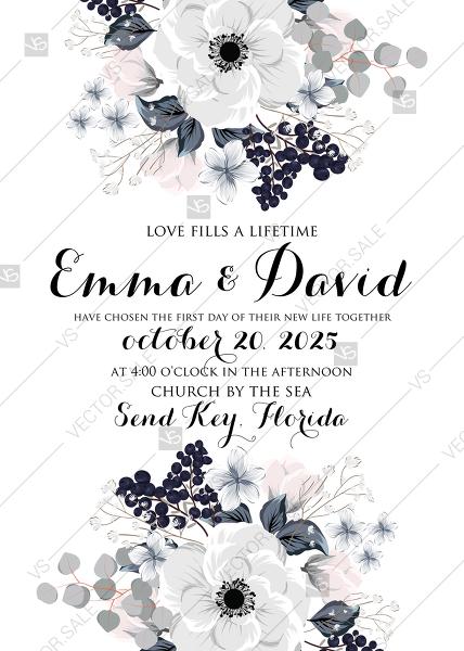 Hochzeit - Wedding invitation set white anemone flower card template PDF 5x7 in PDF download