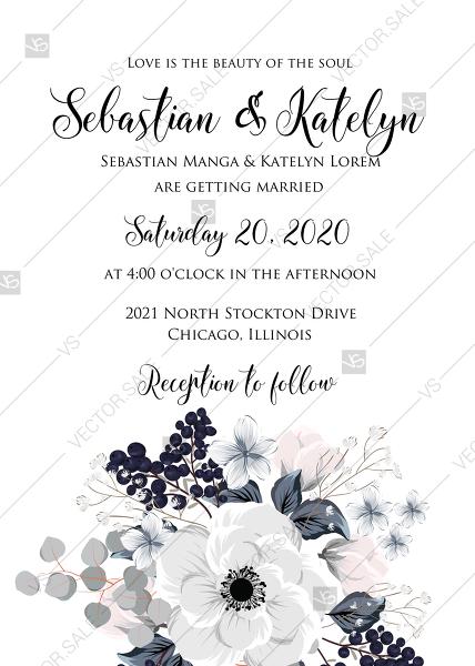 Wedding - Wedding invitation set white anemone flower card template PDF 5x7 in invitation maker