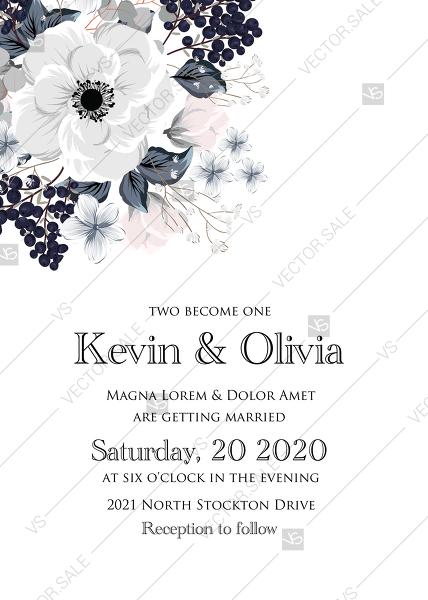 Свадьба - Wedding invitation set white anemone flower card template PDF 5x7 in personalized invitation