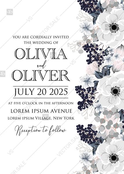 Hochzeit - Wedding invitation set white anemone flower card template PDF 5x7 in online maker