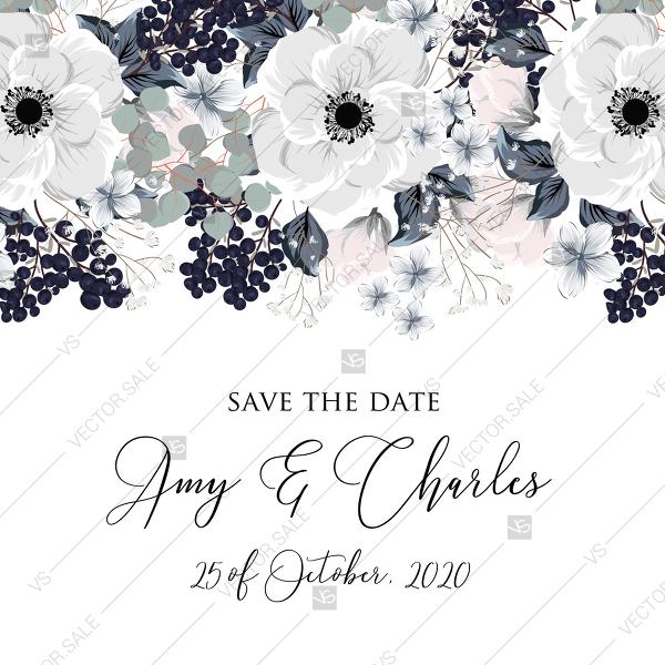 Mariage - Save the date card white anemone flower card template PDF 5.25x5.25 in PDF template
