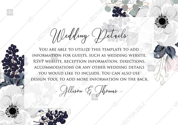 Mariage - Wedding details card invitation set white anemone flower card template PDF 5x3.5 in customize online