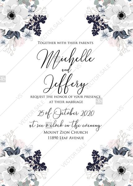 Wedding - Wedding invitation set white anemone flower card template PDF 5x7 in personalized invitation