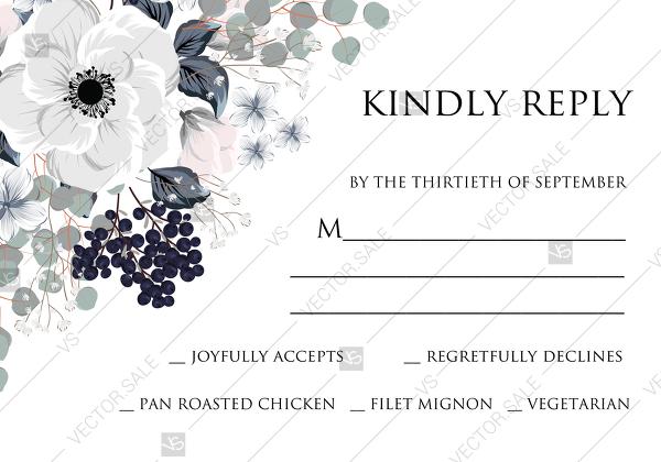 Wedding - RSVP Wedding invitation set white anemone flower card template PDF 5x3.5 in edit template