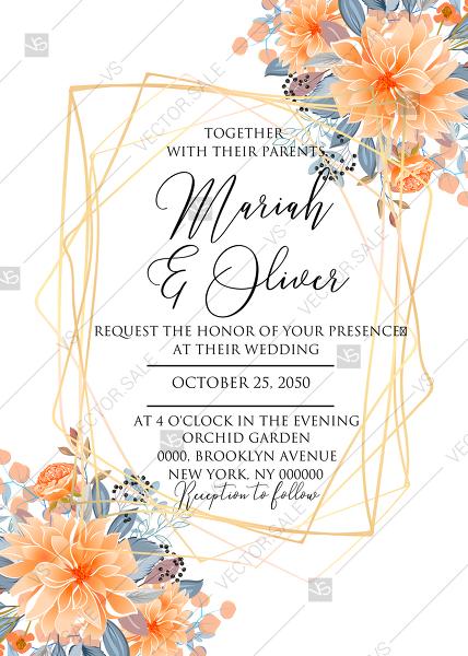 زفاف - Wedding invitation peach chrysanthemum sunflower floral printable card template PDF 5x7 in