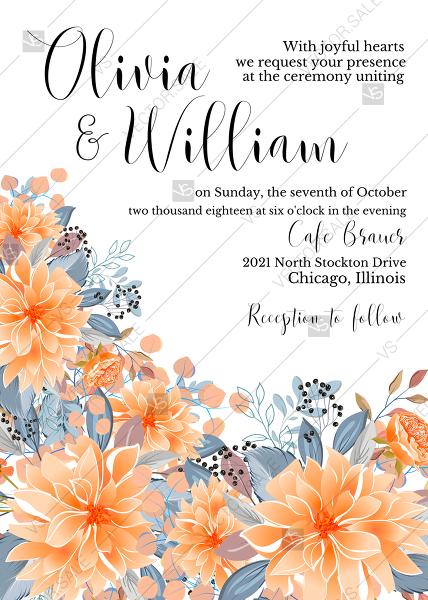 Wedding - Wedding invitation peach chrysanthemum sunflower floral printable card template PDF 5x7 in invitation editor
