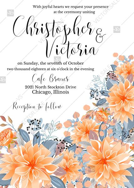 Wedding - Wedding invitation peach chrysanthemum sunflower floral printable card template PDF 5x7 in personalized invitation