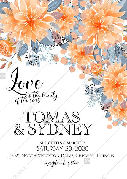 Hochzeit - Wedding invitation peach chrysanthemum sunflower floral printable card template PDF 5x7 in customize online