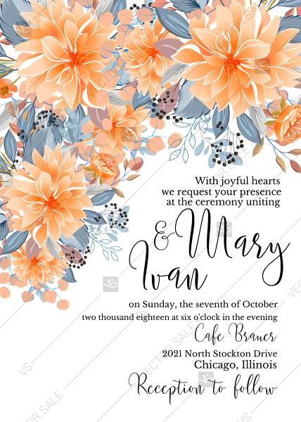 Mariage - Wedding invitation peach chrysanthemum sunflower floral printable card template PDF 5x7 in edit online