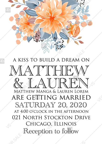 Mariage - Wedding invitation peach chrysanthemum sunflower floral printable card template PDF 5x7 in wedding invitation maker