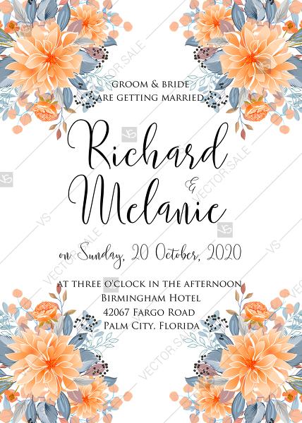 زفاف - Wedding invitation peach chrysanthemum sunflower floral printable card template PDF 5x7 in PDF maker