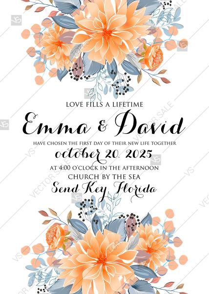 Mariage - Wedding invitation peach chrysanthemum sunflower floral printable card template PDF 5x7 in online editor