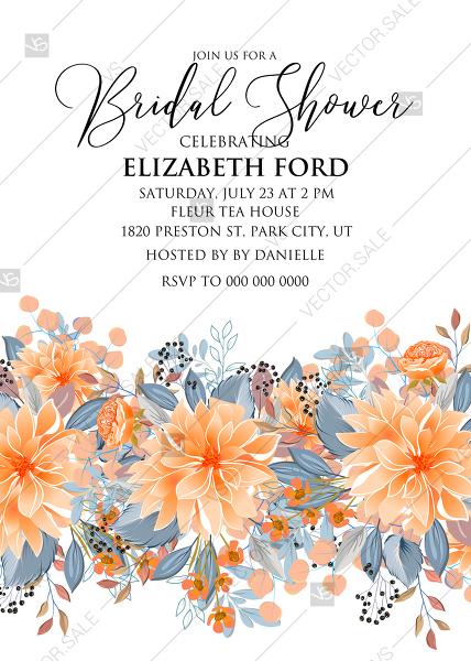 Wedding - Bridal shower invitation peach chrysanthemum sunflower floral printable card template PDF 5x7 in personalized invitation