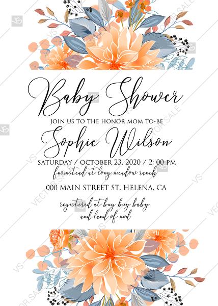 Hochzeit - Baby shower invitation peach chrysanthemum sunflower floral printable card template PDF 5x7 in edit online