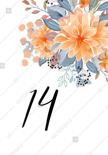 Hochzeit - Table number card peach chrysanthemum sunflower floral printable card template PDF 5x7 in online editor