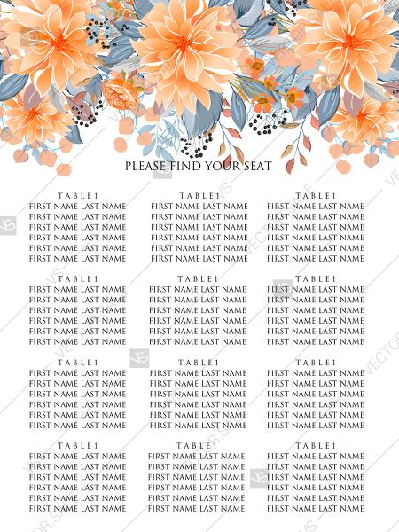 Wedding - Seating Chart banner peach chrysanthemum sunflower floral printable card template PDF 12x24 in customizable template