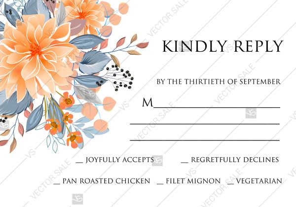 Wedding - Wedding rsvp card invitation peach chrysanthemum sunflower floral printable card template PDF 5x3.5 in instant maker
