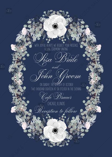 Hochzeit - Wedding invitation set white anemone flower card template on navy blue background PDF 5x7 in