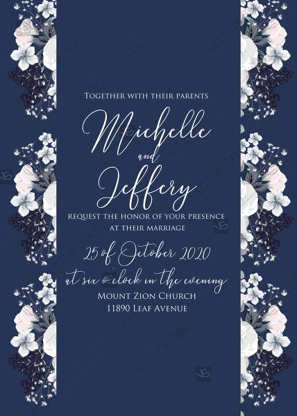 زفاف - Wedding invitation set white anemone flower card template on navy blue background PDF 5x7 in invitation editor
