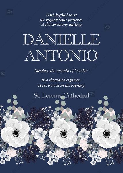 Hochzeit - Wedding invitation set white anemone flower card template on navy blue background PDF 5x7 in customize online