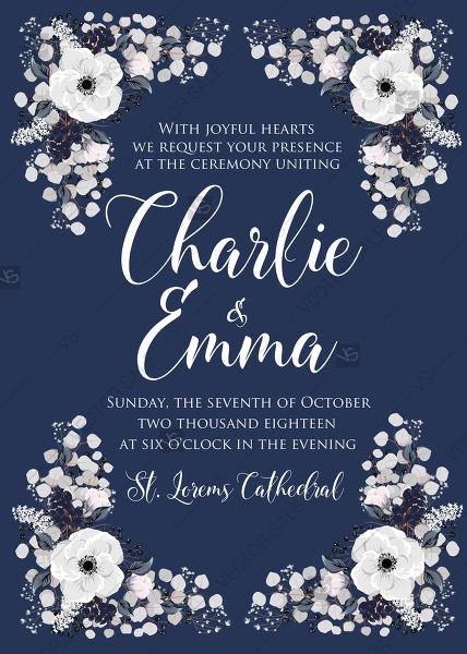 زفاف - Wedding invitation set white anemone flower card template on navy blue background PDF 5x7 in edit template