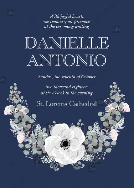 Mariage - Wedding invitation set white anemone flower card template on navy blue background PDF 5x7 in online maker