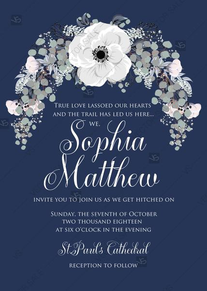 Hochzeit - Wedding invitation set white anemone flower card template on navy blue background PDF 5x7 in wedding invitation maker