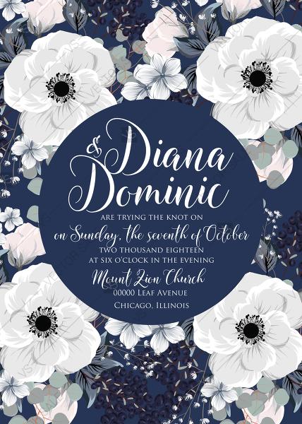 Hochzeit - Wedding invitation set white anemone flower card template on navy blue background PDF 5x7 in create online