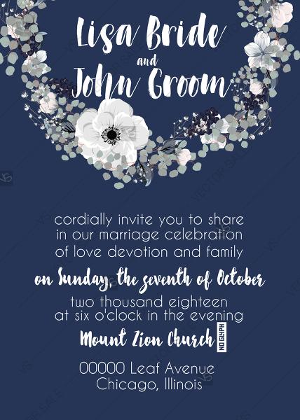 Wedding - Wedding invitation set white anemone flower card template on navy blue background PDF 5x7 in PDF maker