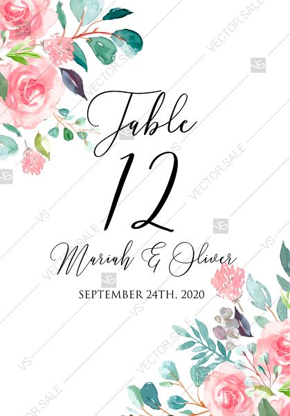 Mariage - Table card watercolor blush pink rose greenery card template PDF 3.5x5 in create online