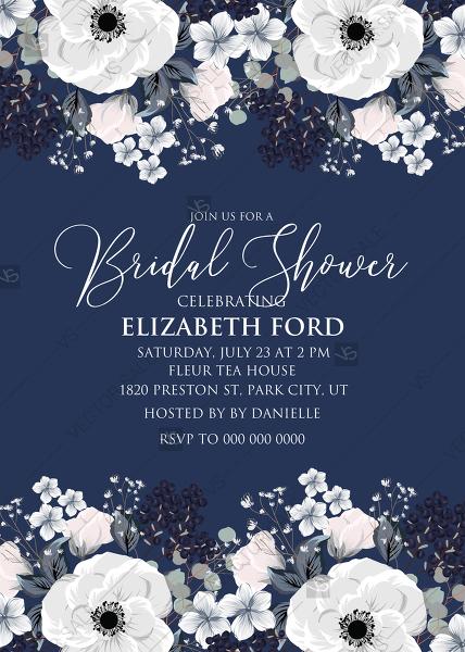 Wedding - Bridal shower invitation set white anemone flower card template on navy blue background PDF 5x7 in personalized invitation