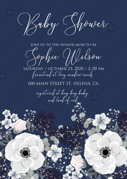 زفاف - Baby shower invitation set white anemone flower card template on navy blue background PDF 5x7 in edit online