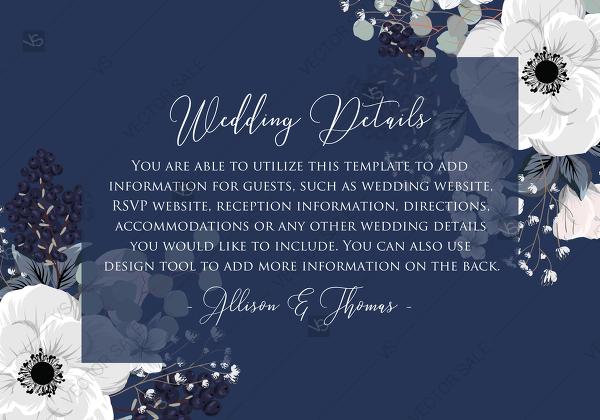 Hochzeit - Wedding details card invitation set white anemone flower template on navy blue background PDF 5x3.5 in wedding invitation maker