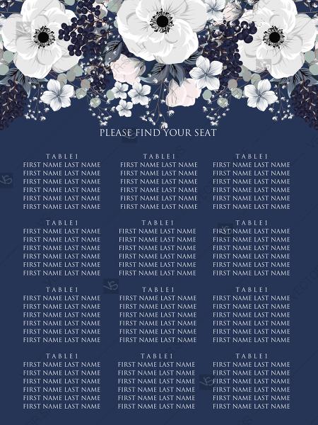 Wedding - Seating chart banner white anemone flower card template on navy blue background PDF 12x24 in customizable template