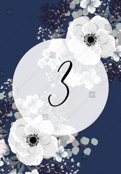Hochzeit - Wedding table card white anemone flower card template on navy blue background PDF 3.5x5 in online editor