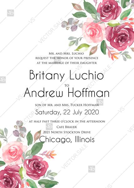 Hochzeit - Wedding invitation set watercolor marsala rose greenery card template PDF 5x7 in