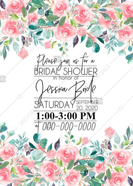 Hochzeit - Wedding invitation set watercolor blush pink rose greenery card template PDF 5x7 in customize online