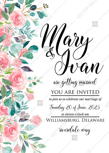 Hochzeit - Wedding invitation set watercolor blush pink rose greenery card template PDF 5x7 in personalized invitation